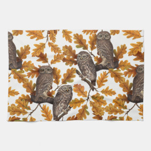 Autumn owls on cotton white tea towel