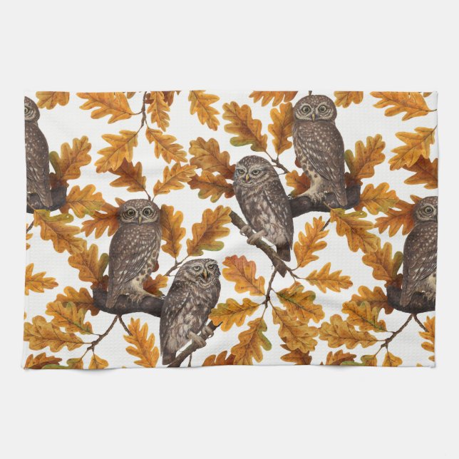 Autumn owls on cotton white tea towel (Horizontal)