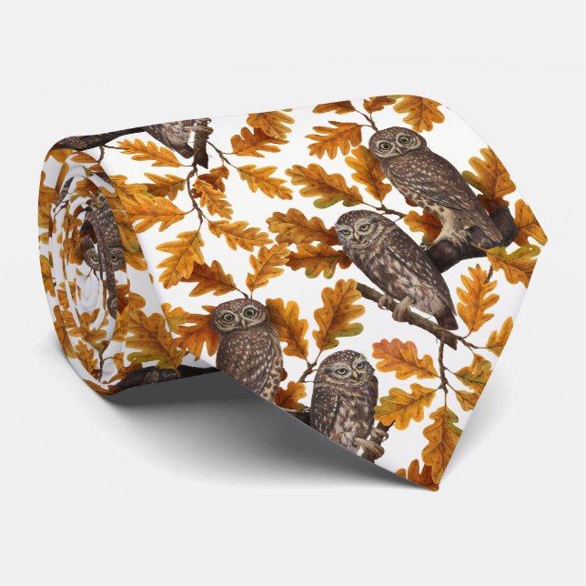 Autumn owls on cotton white tie (Rolled)