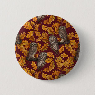 Autumn owls on dark red 6 cm round badge