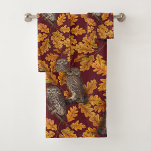 Autumn owls on dark red bath towel set