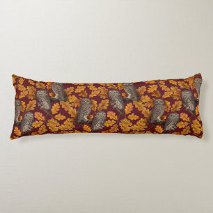 Autumn owls on dark red body cushion