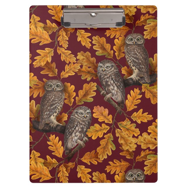Autumn owls on dark red clipboard (Front)