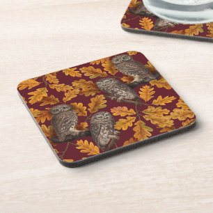 Autumn owls on dark red coaster