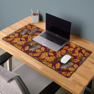 Autumn owls on dark red desk mat