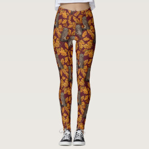 Autumn owls on dark red leggings