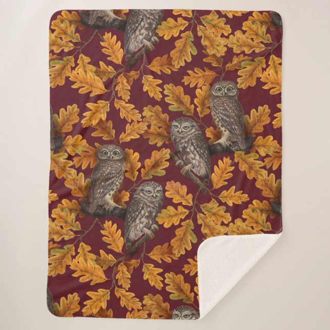 Autumn owls on dark red sherpa blanket (Front)