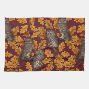 Autumn owls on dark red tea towel