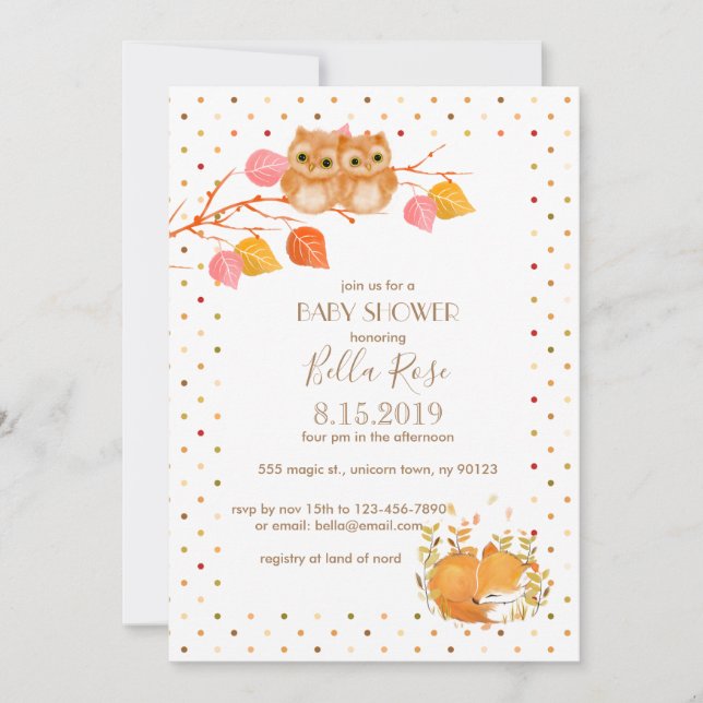 Autumn Owls Polka Dot Baby Shower Invitations (Front)