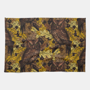 Autumn owls tea towel
