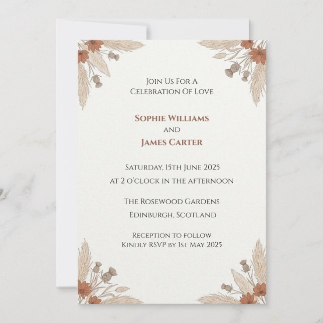 Autumn Pampas Scottish Wedding Invitation (Front)