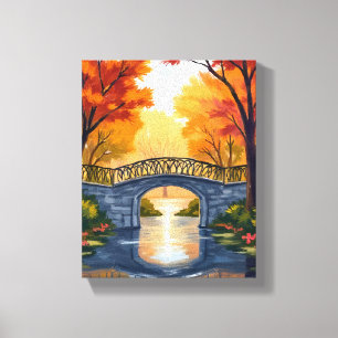 Autumn Park Bridge   Fall Foliage Watercolor Canvas Print