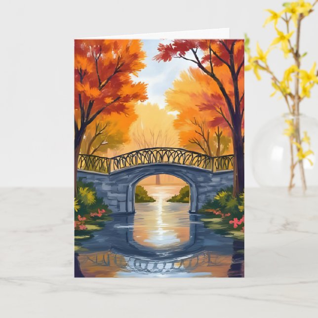 Autumn Park Bridge | Fall Foliage Watercolor Card (Yellow Flower)