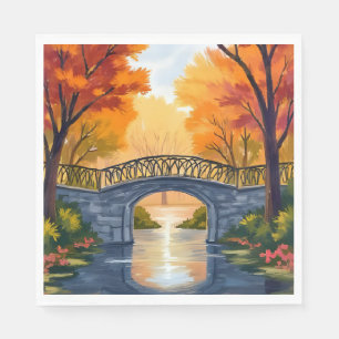 Autumn Park Bridge Fall Foliage Watercolor Napkin