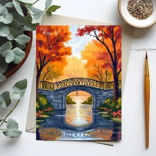 Autumn Park Bridge   Fall Foliage Watercolor Postcard