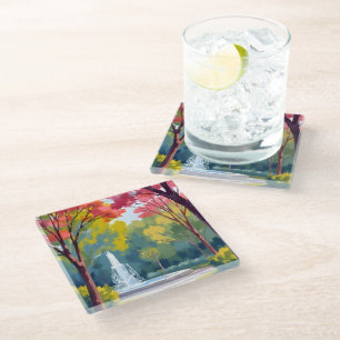 Autumn Park Fall Foliage Watercolor Glass Coaster