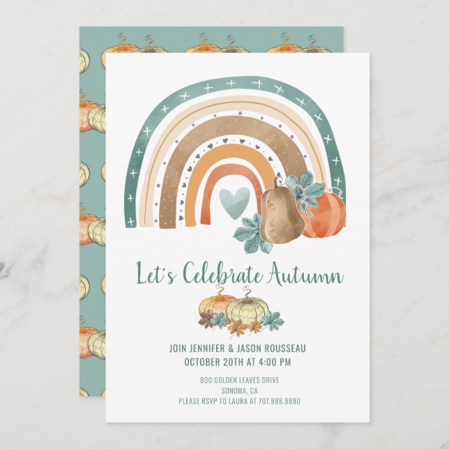 Autumn Party Watercolor Rainbow Pumpkins Invitation (Front/Back)