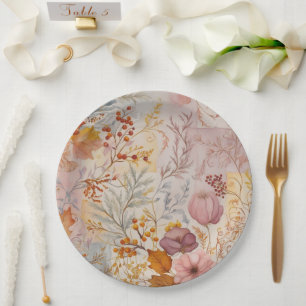 Autumn Pastel Floral Elegant Gold Pink Hues Paper Plate