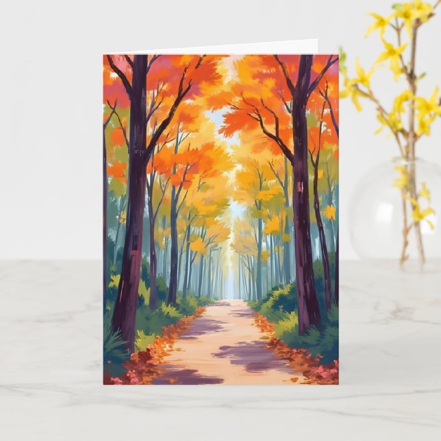 Autumn Path Fall Foliage Painting Card (Yellow Flower)
