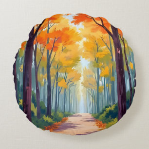 Autumn Path Fall Foliage Painting Round Cushion