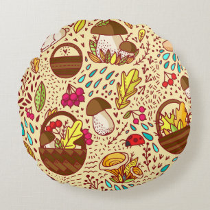 Autumn pattern. Basket with leaves, branches and b Round Cushion
