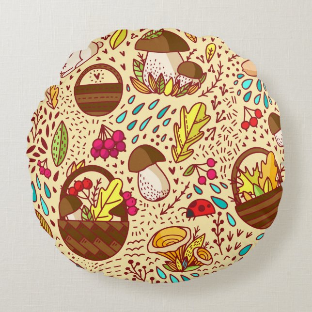 Autumn pattern. Basket with leaves, branches and b Round Cushion (Front)
