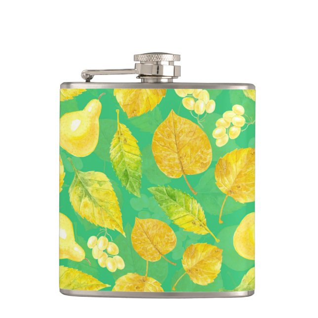 Autumn pattern watercolor hip flask (Front)