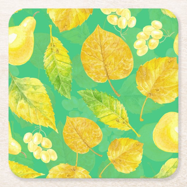 Autumn pattern watercolor square paper coaster (Front)