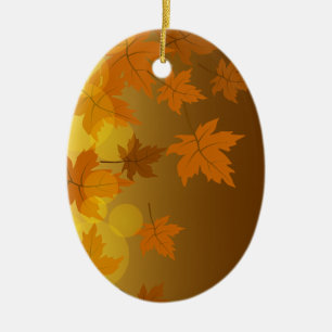 Autumn pattern with falling maple leaves and bokeh ceramic tree decoration