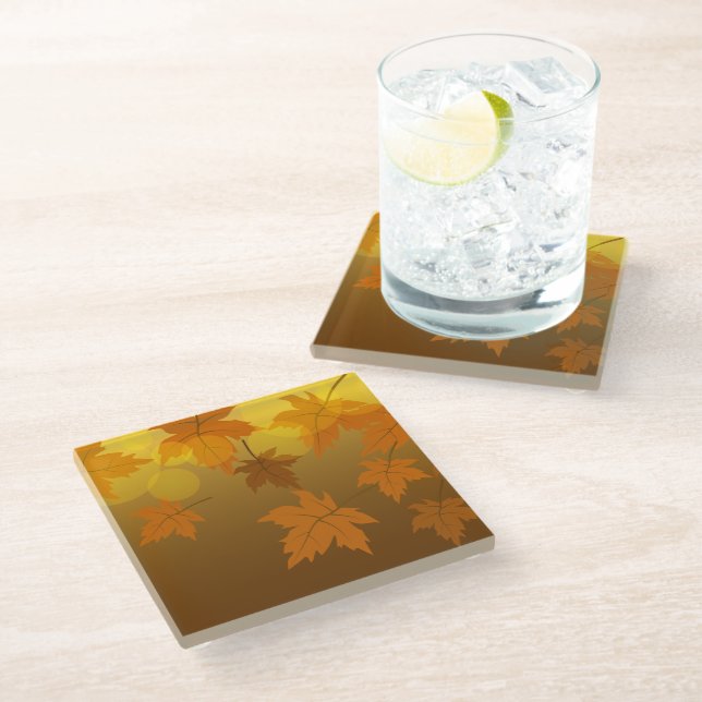 Autumn pattern with falling maple leaves and bokeh glass coaster (Angled)