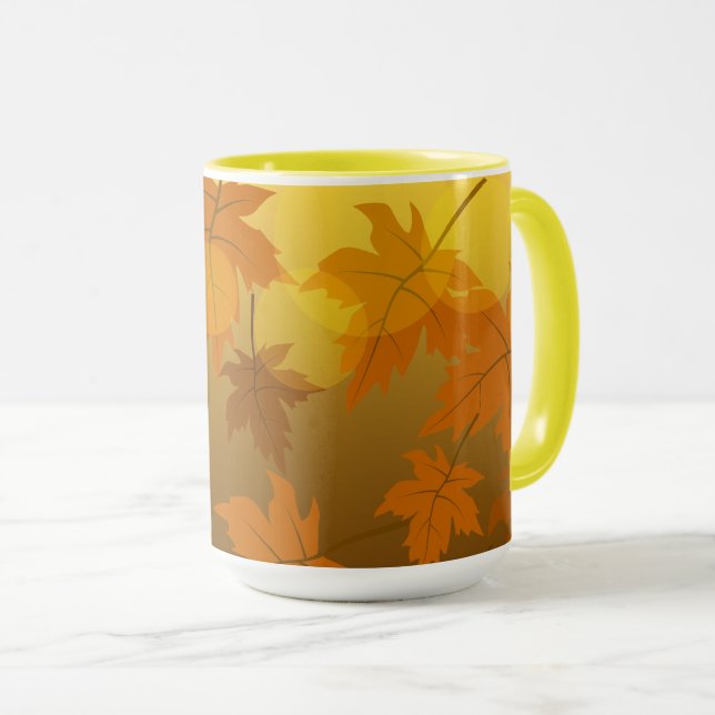 Autumn pattern with falling maple leaves and bokeh mug (Front Right)