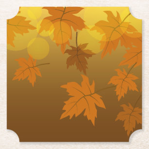 Autumn pattern with falling maple leaves and bokeh paper coaster