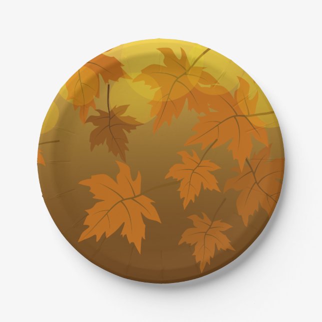 Autumn pattern with falling maple leaves and bokeh paper plate (Front)