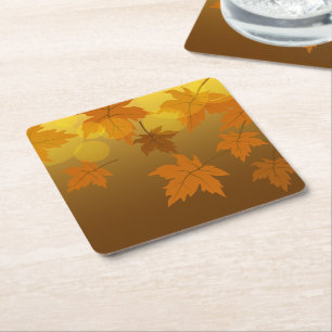Autumn pattern with falling maple leaves and bokeh square paper coaster
