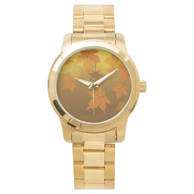 Autumn pattern with falling maple leaves and bokeh watch (Front)