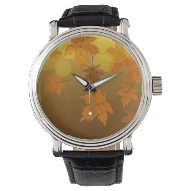 Autumn pattern with falling maple leaves and bokeh watch (Front)
