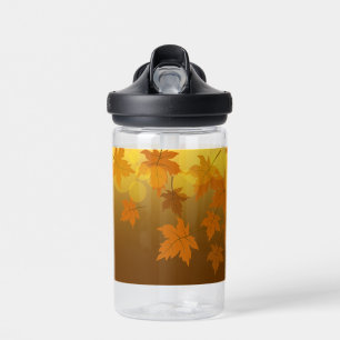Autumn pattern with falling maple leaves and bokeh water bottle