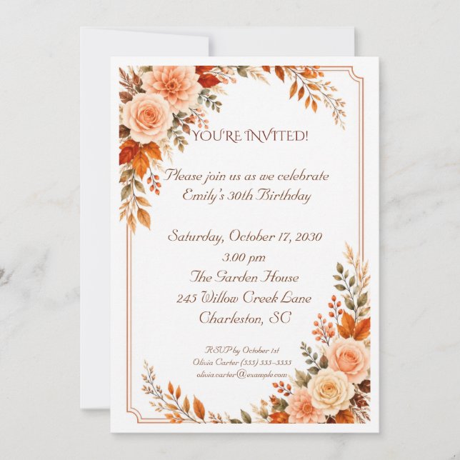 Autumn Peach Floral Birthday Invitation (Front)