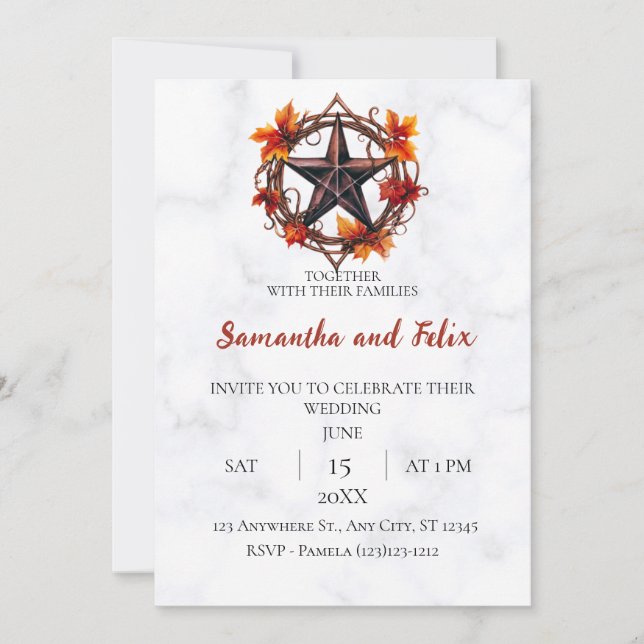 Autumn Pentacle Wreath Marble Wedding Invitation (Front)