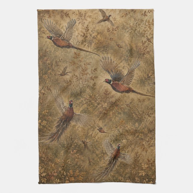 Autumn Pheasant Flight  Tea Towel (Vertical)