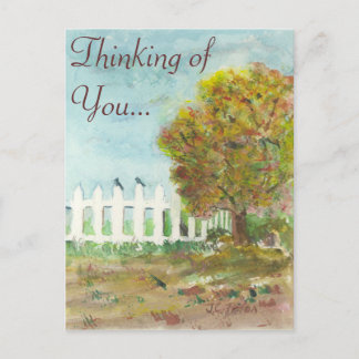 Autumn Picket Fence and Tree with Birds Watercolor Postcard