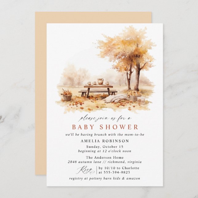 Autumn Picnic Cute Rustic Fall Baby Shower Brunch Invitation (Front/Back)
