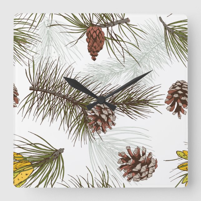 Autumn Pine Cones Square Wall Clock (Front)