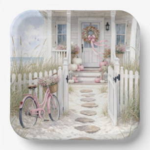 Autumn Pink and White Pumpkins on Cottage Porch Paper Plate