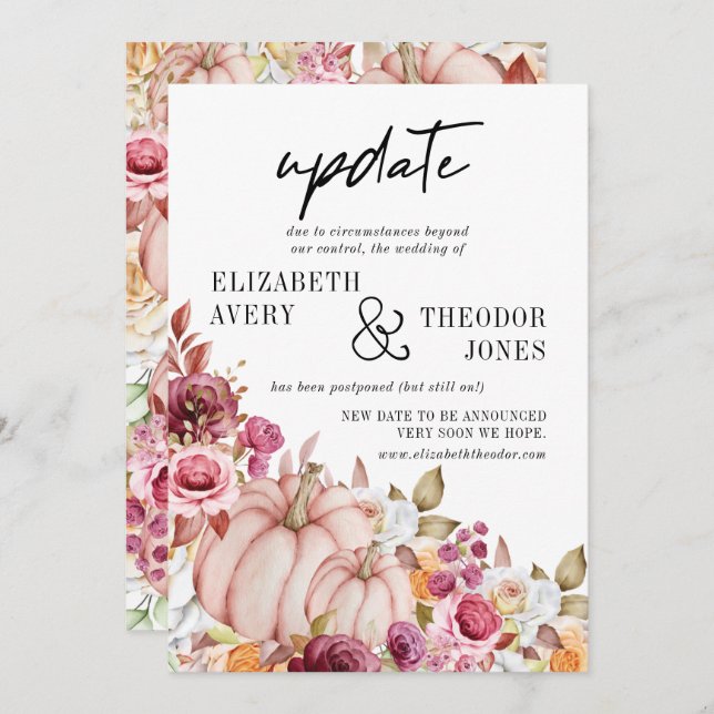 Autumn Pink Burgundy Pumpkin Floral Wedding Update Invitation (Front/Back)