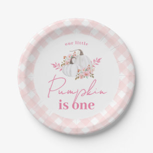 Autumn Pink Gingham Little Pumpkin First Birthday Paper Plate