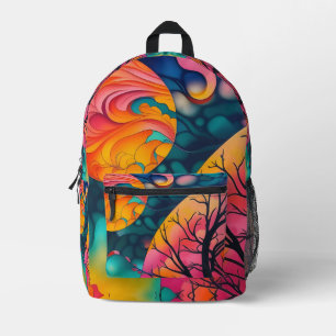 Autumn Pink N Gold Full Moon Tree Silhouette Printed Backpack