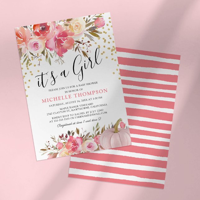 Autumn Pink Pumpkin it's a Girl Floral Baby Shower Invitation (Creator Uploaded)
