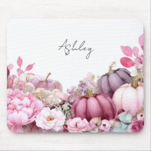 Autumn Pink Pumpkins and Flowers Fall Pattern  Mouse Pad