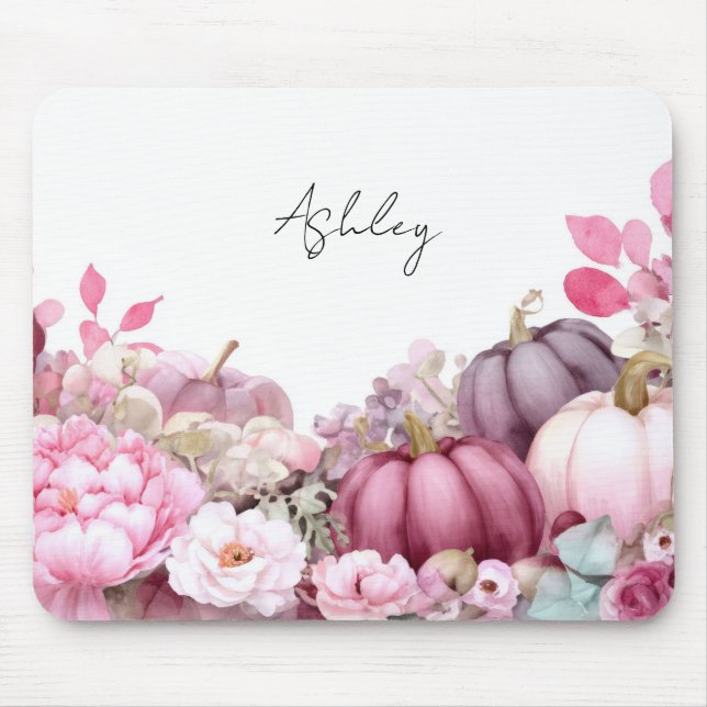 Autumn Pink Pumpkins and Flowers Fall Pattern  Mouse Pad (Front)
